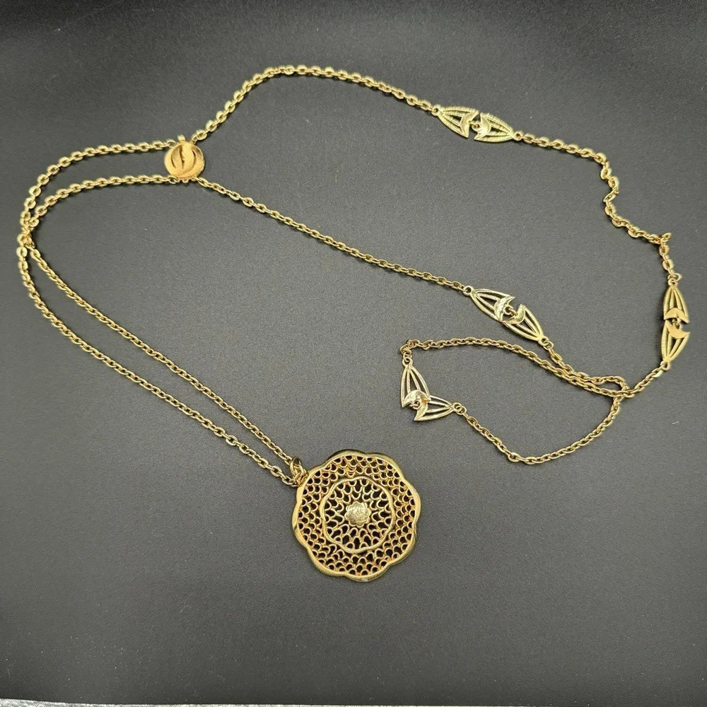 Vintage Multilayer Intricate Gold Tone Necklace with Large Pendant - Picture 3 of 16